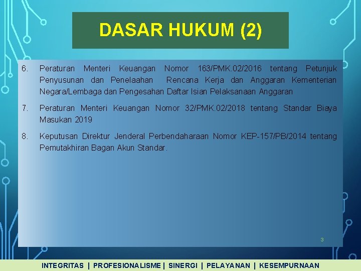 DASAR HUKUM (2) 6. Peraturan Menteri Keuangan Nomor 163/PMK. 02/2016 tentang Petunjuk Penyusunan dan