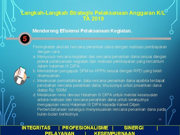 Langkah-Langkah Strategis Pelaksanaan Anggaran K/L TA 2019 5 Mendorong Efisiensi Pelaksanaan Kegiatan. Peningkatan akurasi