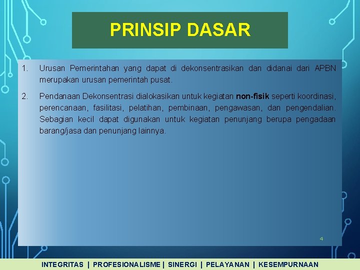 PRINSIP DASAR 1. Urusan Pemerintahan yang dapat di dekonsentrasikan didanai dari APBN merupakan urusan