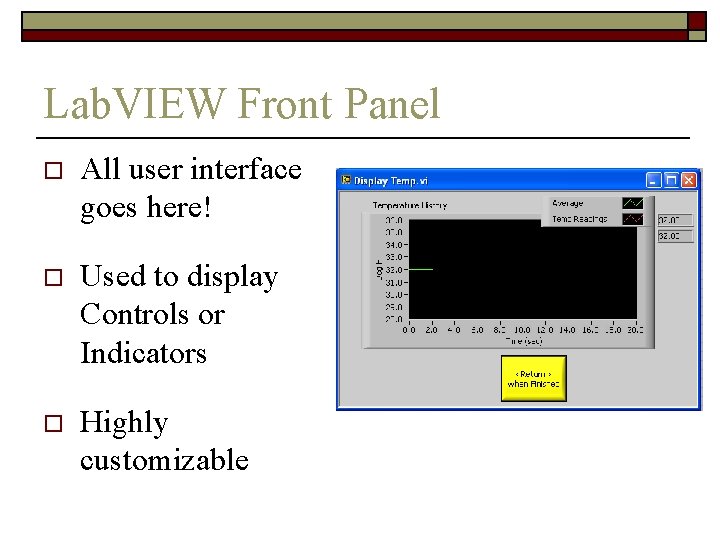 Lab. VIEW Front Panel o All user interface goes here! o Used to display