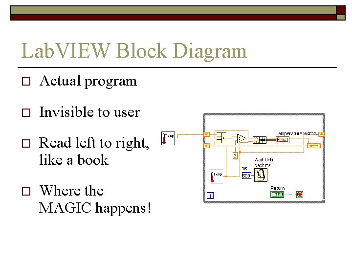 Lab. VIEW Block Diagram o Actual program o Invisible to user o Read left