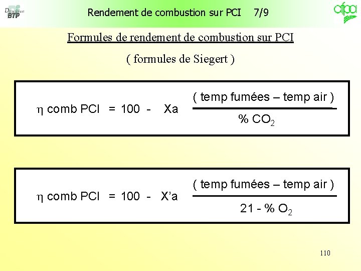 Rendement de combustion sur PCI 7/9 Formules de rendement de combustion sur PCI (