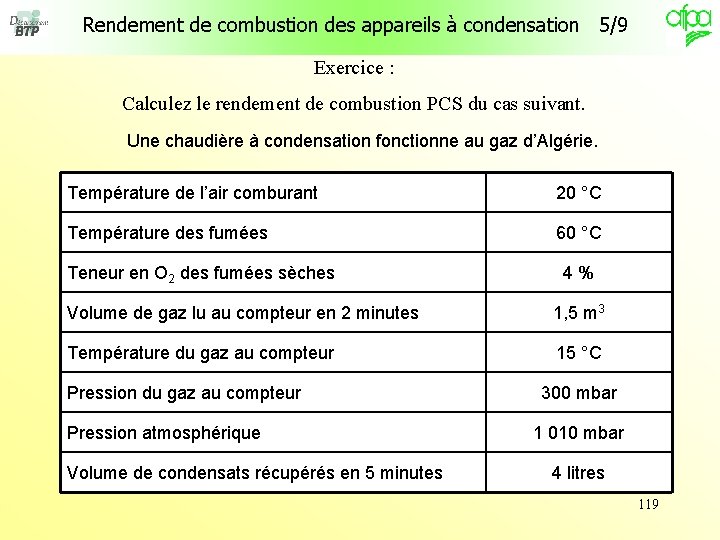 Rendement de combustion des appareils à condensation 5/9 Exercice : Calculez le rendement de