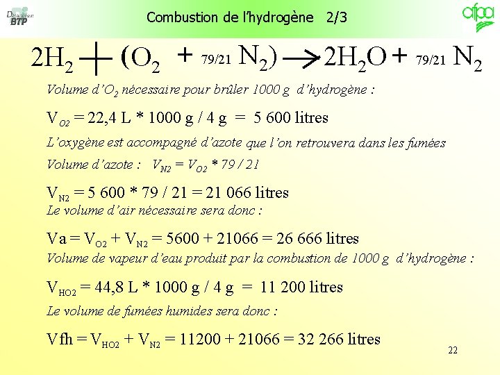 Combustion de l’hydrogène 2/3 2 H 2 ( O 2 + 79/21 N 2)