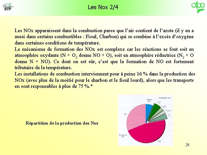 Les Nox 2/4 Les NOx apparaissent dans la combustion parce que l’air contient de