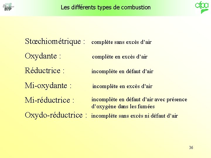 Les différents types de combustion Stœchiométrique : complète sans excès d’air Oxydante : complète