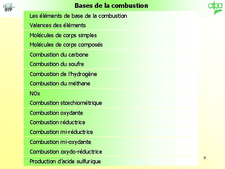 Bases de la combustion Les éléments de base de la combustion Valences des éléments