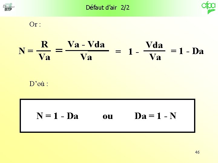 Défaut d’air 2/2 Or : R N= Va - Vda Va Vda = 1