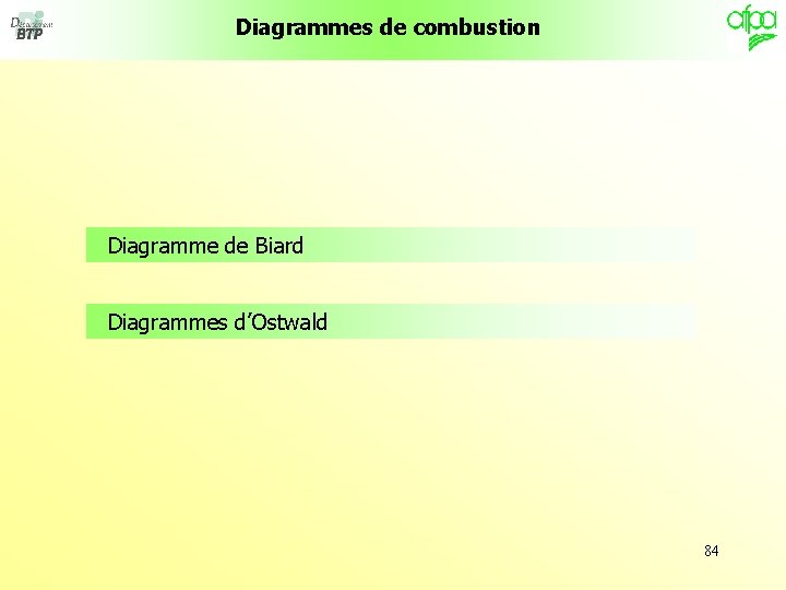 Diagrammes de combustion Diagramme de Biard Diagrammes d’Ostwald 84 