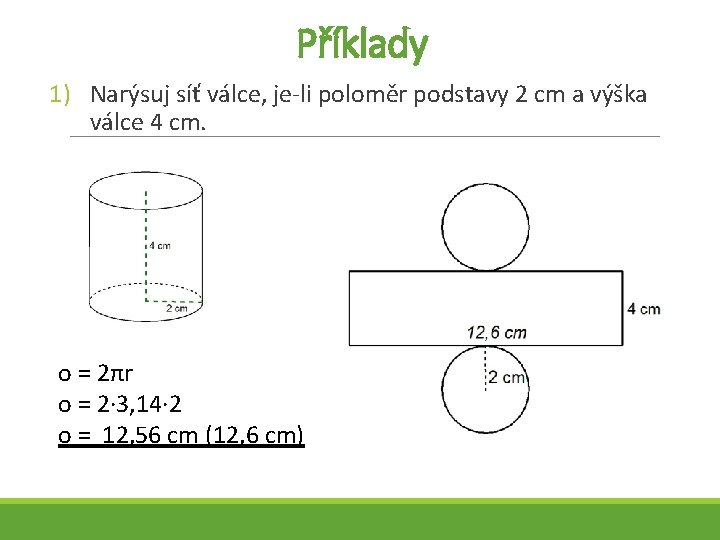 Příklady 1) Narýsuj síť válce, je-li poloměr podstavy 2 cm a výška válce 4