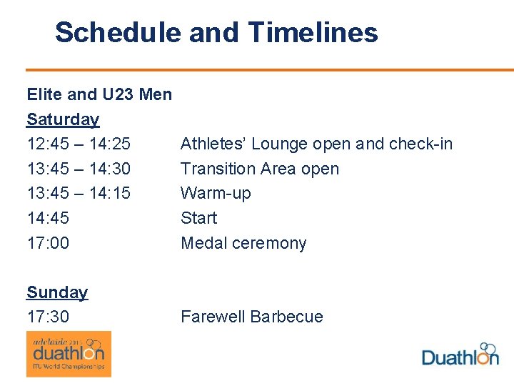 Schedule and Timelines Elite and U 23 Men Saturday 12: 45 – 14: 25