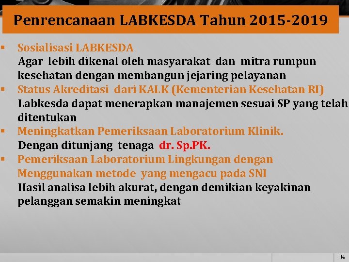 § § Penrencanaan LABKESDA Tahun 2015 -2019 Sosialisasi LABKESDA Agar lebih dikenal oleh masyarakat