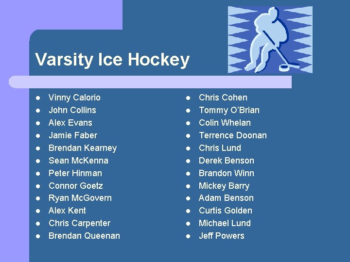 Varsity Ice Hockey l l l Vinny Calorio John Collins Alex Evans Jamie Faber