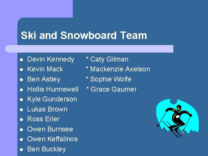 Ski and Snowboard Team l l l l l Devin Kennedy Kevin Mack Ben