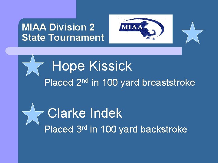 MIAA Division 2 State Tournament Hope Kissick Placed 2 nd in 100 yard breaststroke