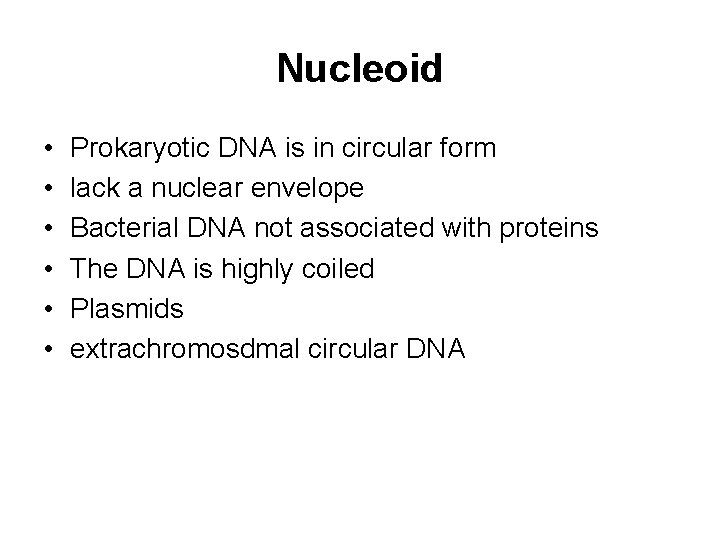 Nucleoid • • • Prokaryotic DNA is in circular form lack a nuclear envelope