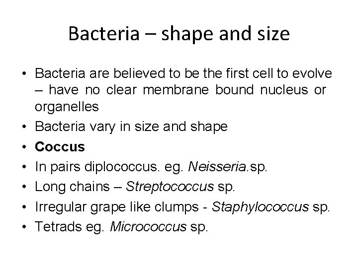 Bacteria – shape and size • Bacteria are believed to be the first cell