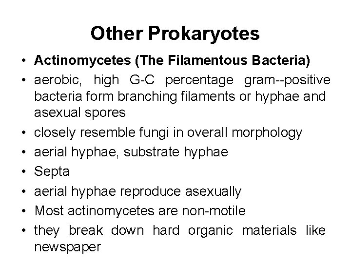 Other Prokaryotes • Actinomycetes (The Filamentous Bacteria) • aerobic, high G C percentage gram