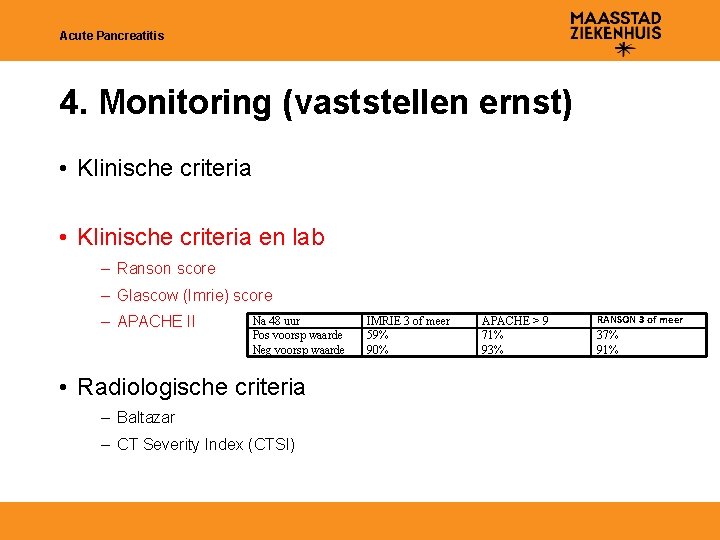 Acute Pancreatitis 4. Monitoring (vaststellen ernst) • Klinische criteria en lab – Ranson score