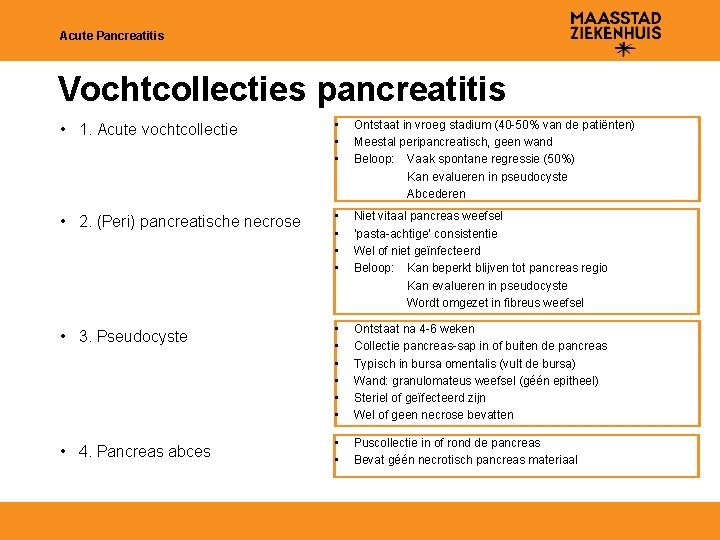 Acute Pancreatitis Vochtcollecties pancreatitis • 1. Acute vochtcollectie • • • Ontstaat in vroeg