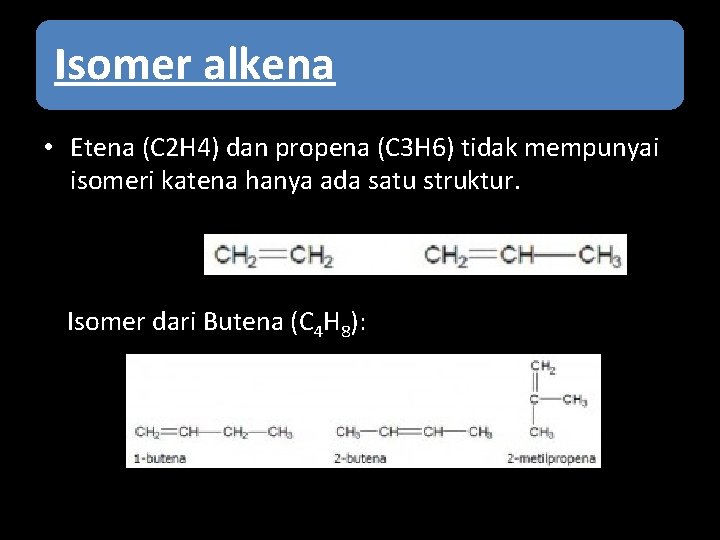 Isomer alkena • Etena (C 2 H 4) dan propena (C 3 H 6)