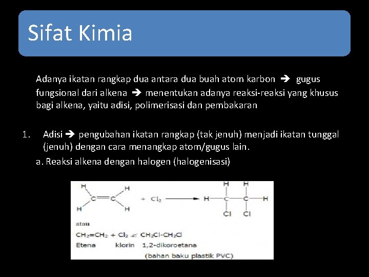 Sifat Kimia Adanya ikatan rangkap dua antara dua buah atom karbon gugus fungsional dari