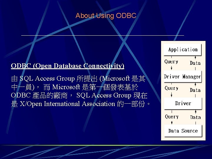 About Using ODBC (Open Database Connectivity) 由 SQL Access Group 所提出 (Microsoft 是其 中一員)，