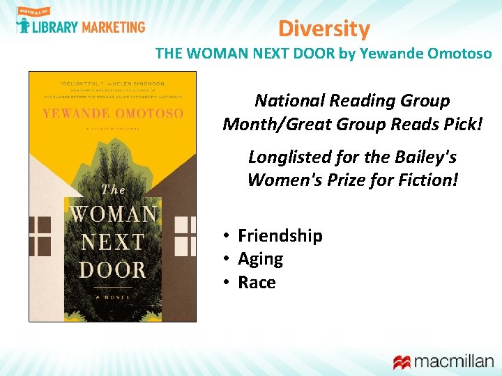 Diversity THE WOMAN NEXT DOOR by Yewande Omotoso National Reading Group Month/Great Group Reads
