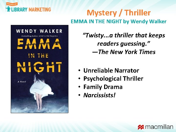 Mystery / Thriller EMMA IN THE NIGHT by Wendy Walker “Twisty. . . a