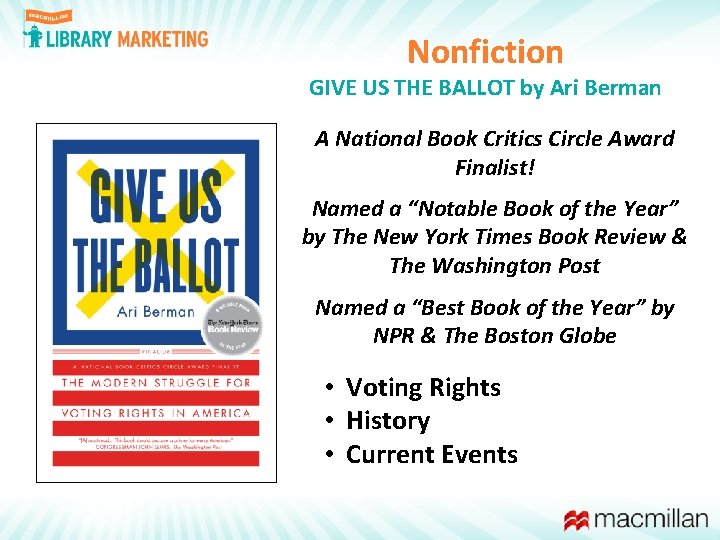 Nonfiction GIVE US THE BALLOT by Ari Berman A National Book Critics Circle Award