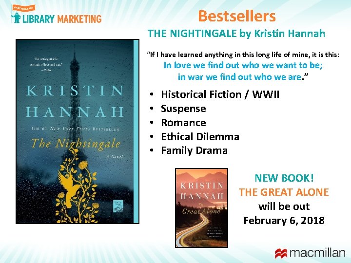 Bestsellers THE NIGHTINGALE by Kristin Hannah “If I have learned anything in this long