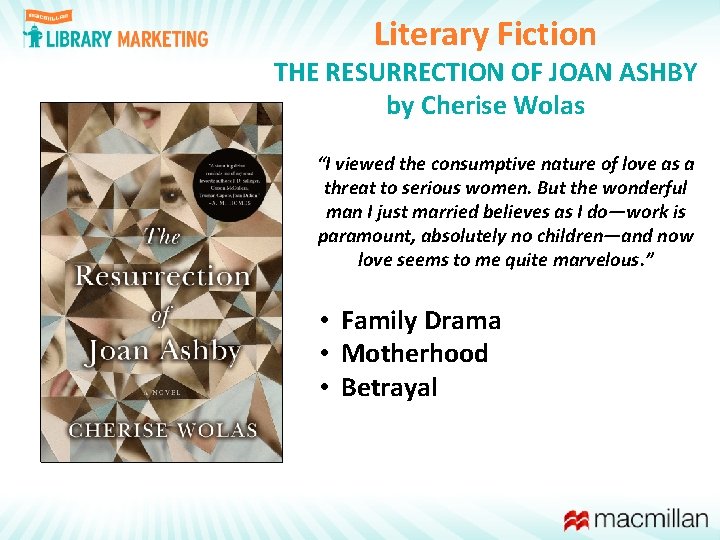 Literary Fiction THE RESURRECTION OF JOAN ASHBY by Cherise Wolas “I viewed the consumptive