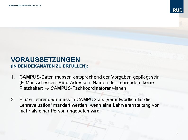 VORAUSSETZUNGEN (IN DEKANATEN ZU ERFÜLLEN): 1. CAMPUS-Daten müssen entsprechend der Vorgaben gepflegt sein (E-Mail-Adressen,