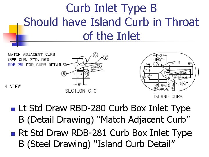 Curb Inlet Type B Should have Island Curb in Throat of the Inlet n