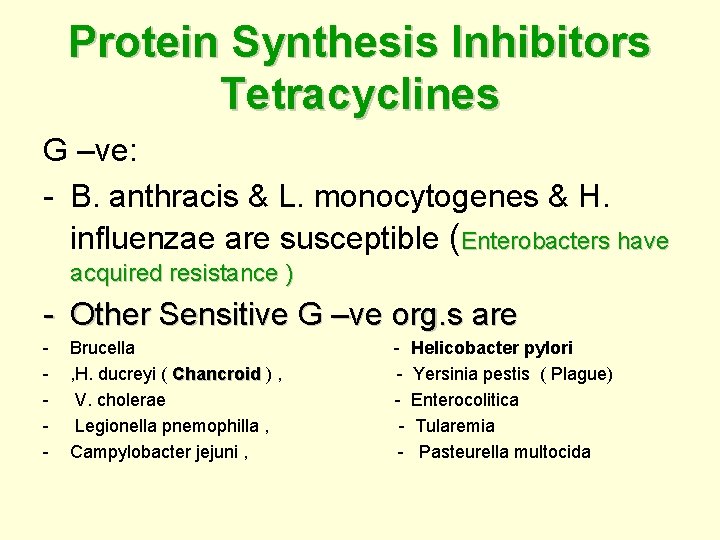 Protein Synthesis Inhibitors Tetracyclines G –ve: - B. anthracis & L. monocytogenes & H.