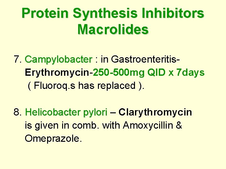 Protein Synthesis Inhibitors Macrolides 7. Campylobacter : in Gastroenteritis. Campylobacter Erythromycin-250 -500 mg QID