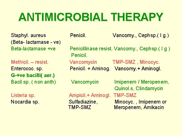 ANTIMICROBIAL THERAPY Staphyl. aureus Penicil. Vancomy. , Cephsp. ( I g ) Penicil. Vancomy.