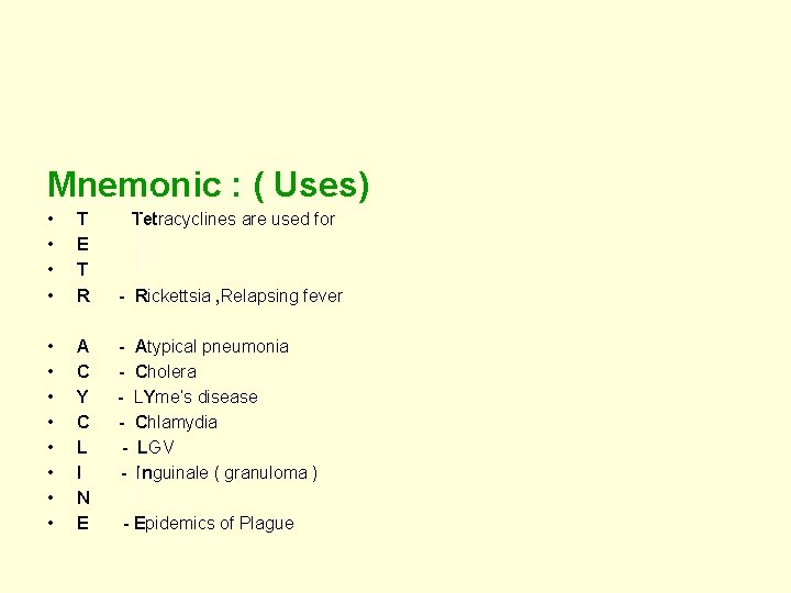 Mnemonic : ( Uses) • • T E T R • • A C