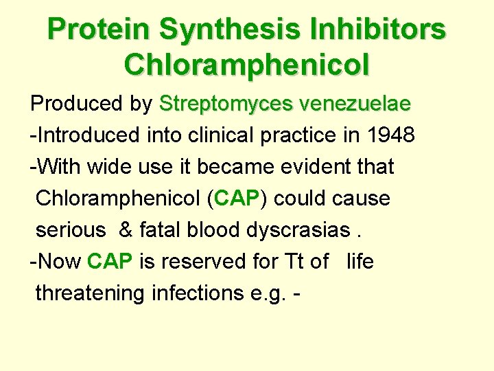 Protein Synthesis Inhibitors Chloramphenicol Produced by Streptomyces venezuelae -Introduced into clinical practice in 1948
