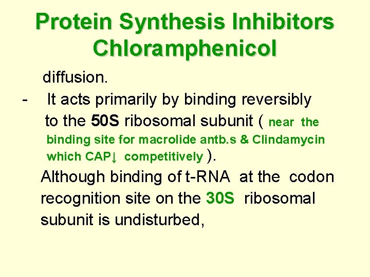 Protein Synthesis Inhibitors Chloramphenicol diffusion. - It acts primarily by binding reversibly to the