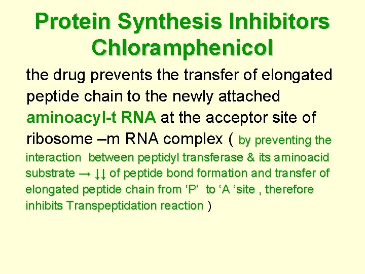 Protein Synthesis Inhibitors Chloramphenicol the drug prevents the transfer of elongated peptide chain to