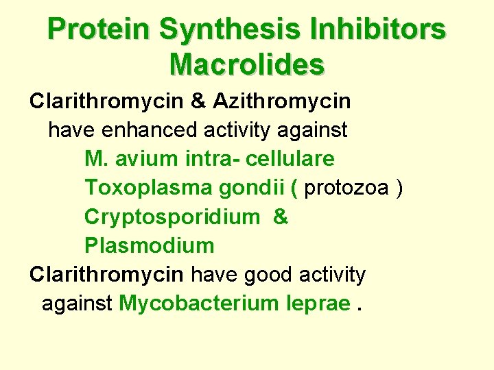 Protein Synthesis Inhibitors Macrolides Clarithromycin & Azithromycin have enhanced activity against M. avium intra-