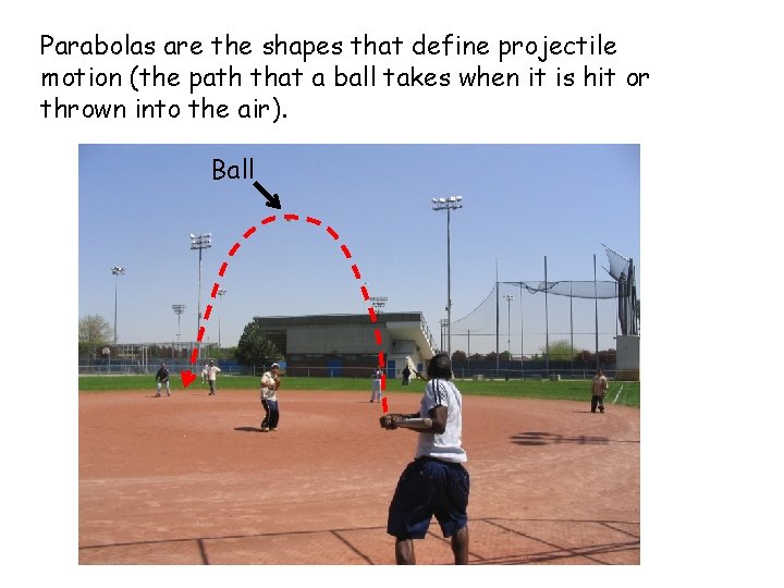 Parabolas are the shapes that define projectile motion (the path that a ball takes