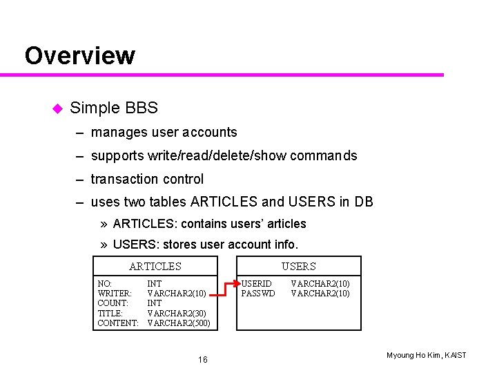 Overview u Simple BBS – manages user accounts – supports write/read/delete/show commands – transaction
