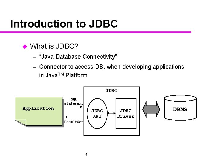 Introduction to JDBC u What is JDBC? – “Java Database Connectivity” – Connector to
