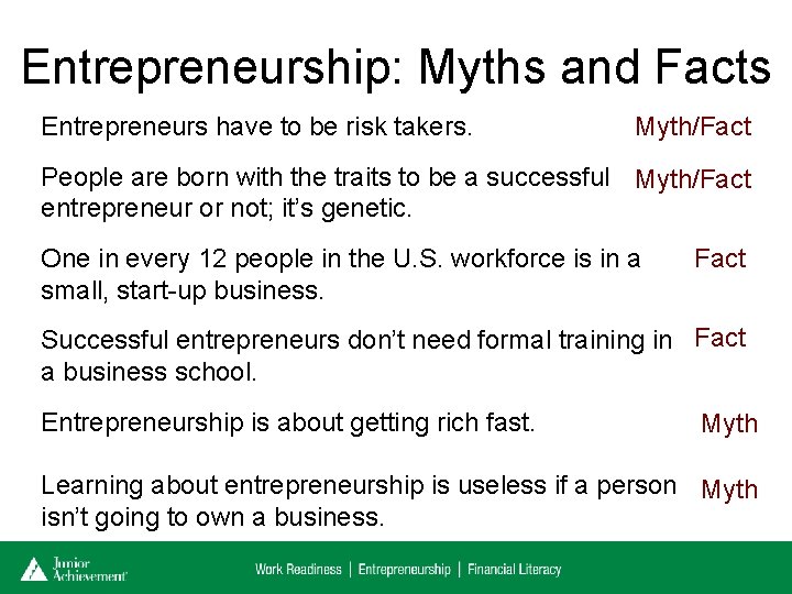 Entrepreneurship: Myths and Facts Entrepreneurs have to be risk takers. Myth/Fact People are born