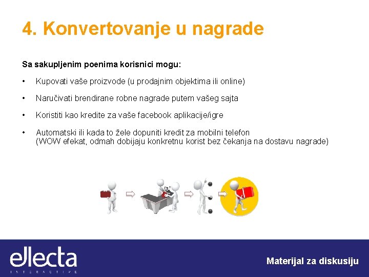 4. Konvertovanje u nagrade Sa sakupljenim poenima korisnici mogu: • Kupovati vaše proizvode (u