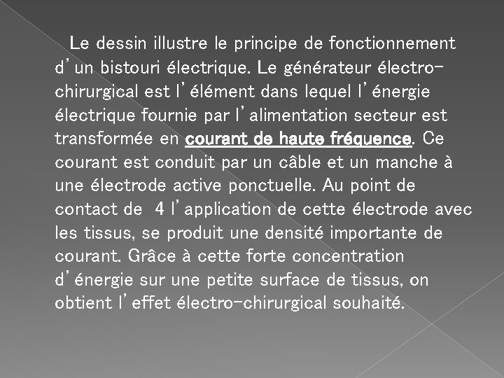 Le dessin illustre le principe de fonctionnement d’un bistouri électrique. Le générateur électrochirurgical est