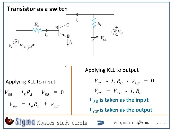 Transistor as a switch Applying KLL to output Applying KLL to input VBB is