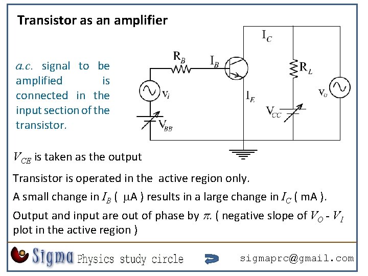Transistor as an amplifier a. c. signal to be amplified is connected in the Transistor as an amplifier a. c. signal to be amplified is connected in the